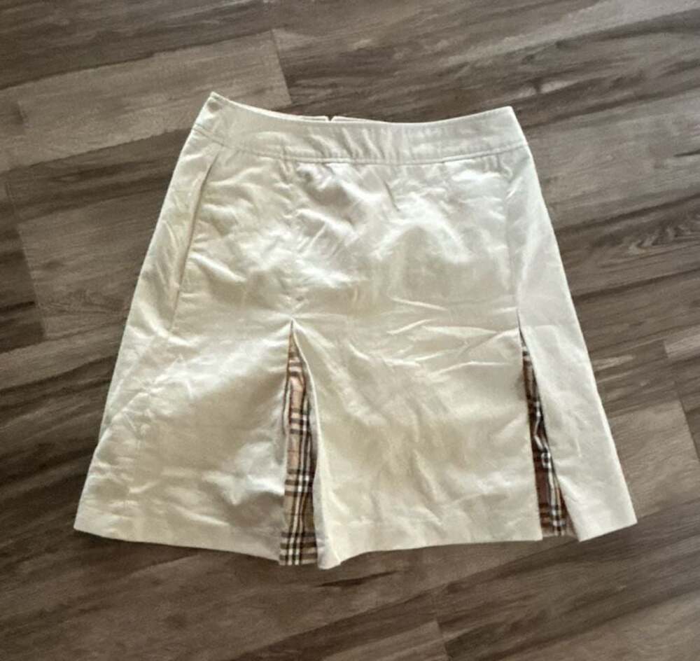 Burberry Golf Khaki Mini Skirt with Nova Check Pleated Insets, Size 4